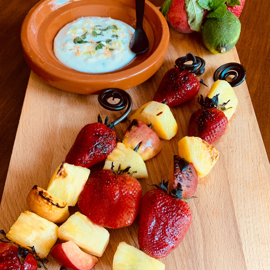 TasteOverTime Blog Grilled Fruit Skewers with Tropical Yogurt Sauce